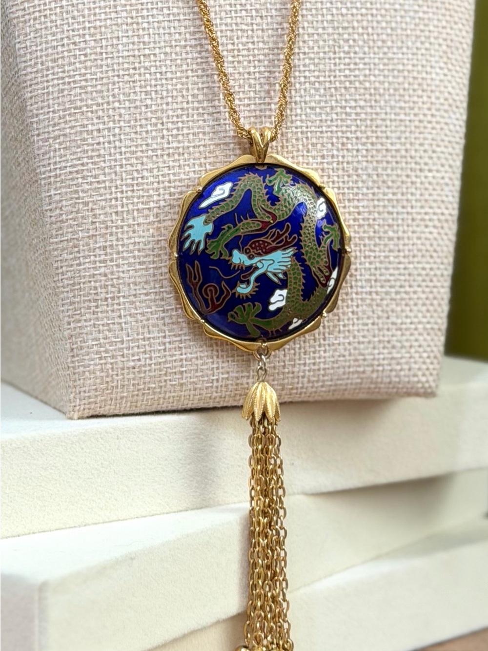 Givenchy RARE Gold-Tone Blue Dragon Enamel Pendant Necklace Cloisonné